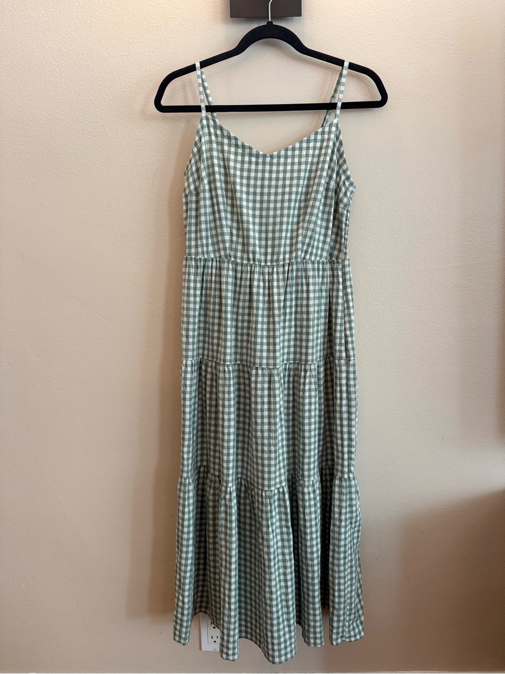 Green Gingham Tiered Maxi Dress - Lightweight Spaghetti Strap